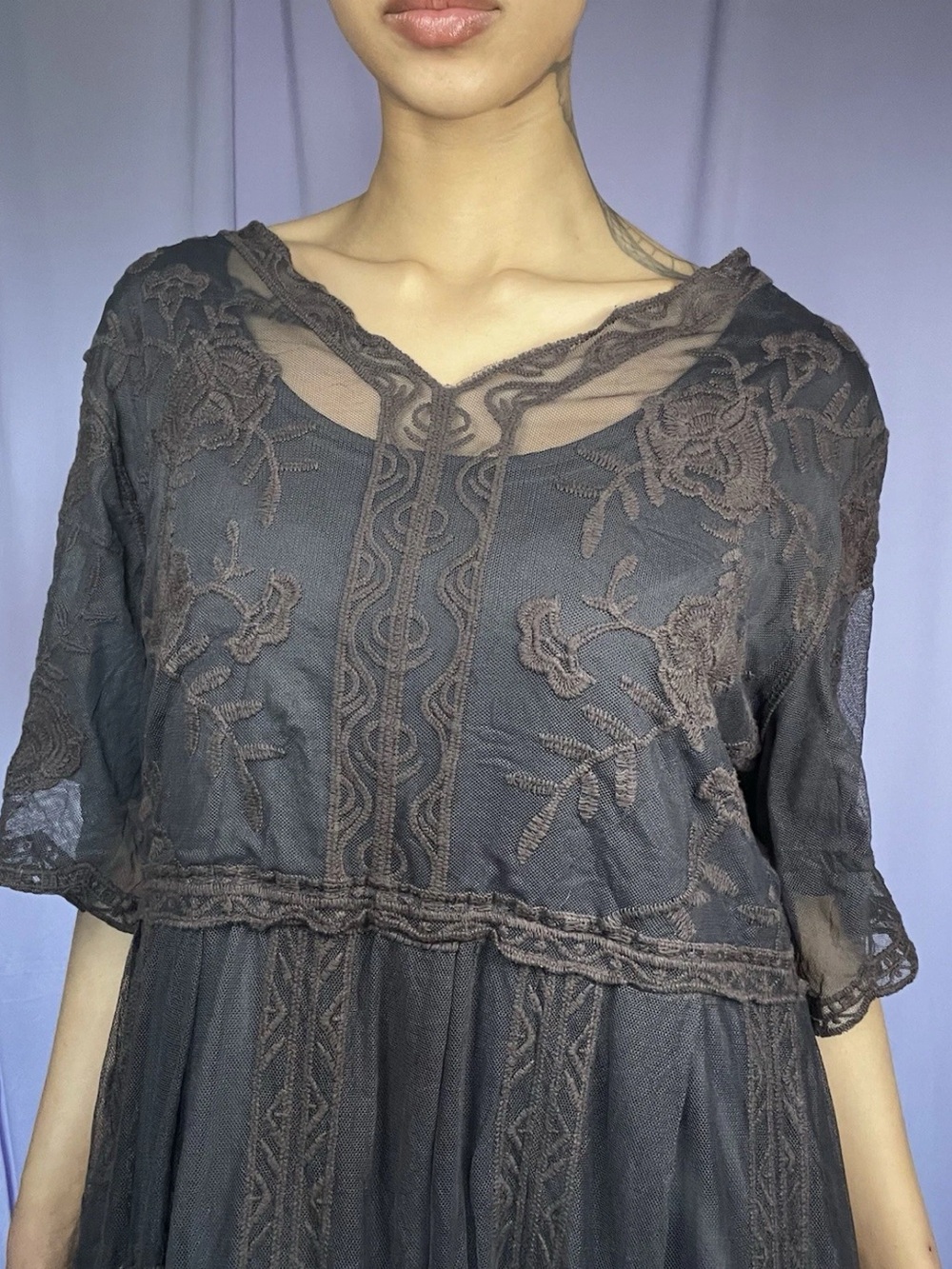 Dark Brown Floral Embroidered Lace Short Sleeve Maxi Dress Size M Grunge Fairy